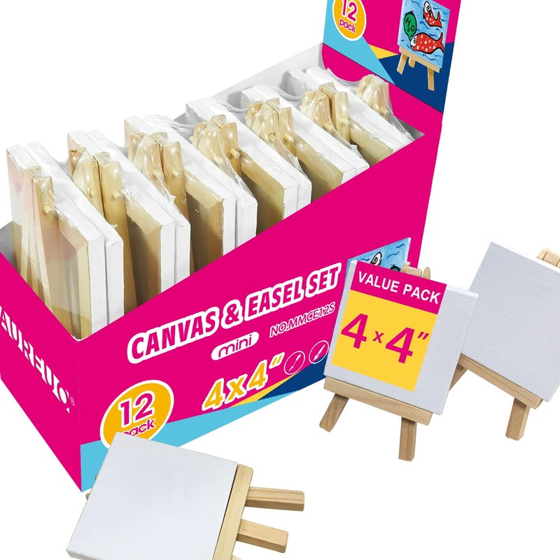 AUREUO Mini Canvas and Easel Set - 4x4 Inch/ 12 Pack - 2/5 Inch Profile Small Square Canvas with Display Stand - Art Gift Set Bulk Pack Canvases for Acrylic Painting & Craft - Image 1